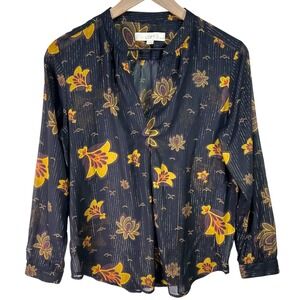 LOFT‎ Petite Sheer Floral Blouse Black Yellow Stripe Long Sleeve Top MP Medium